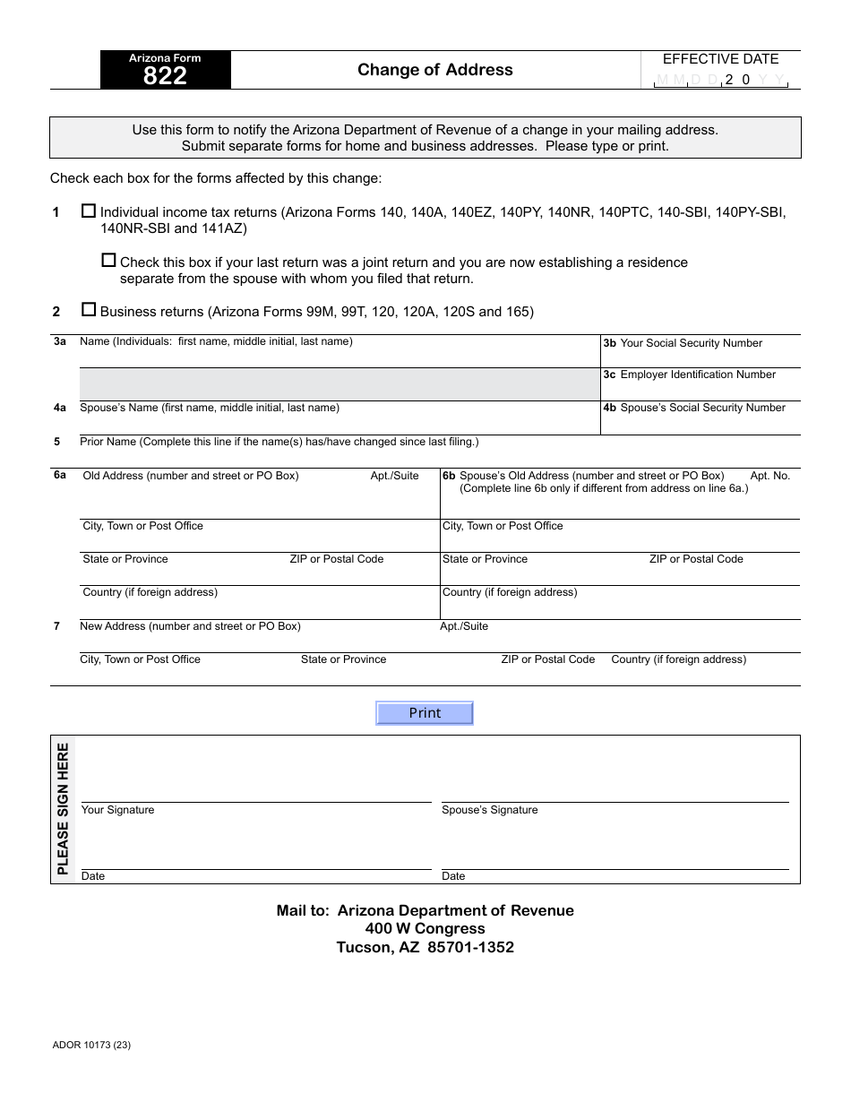 Arizona Form 822 (ADOR10173) - Fill Out, Sign Online and Download ...