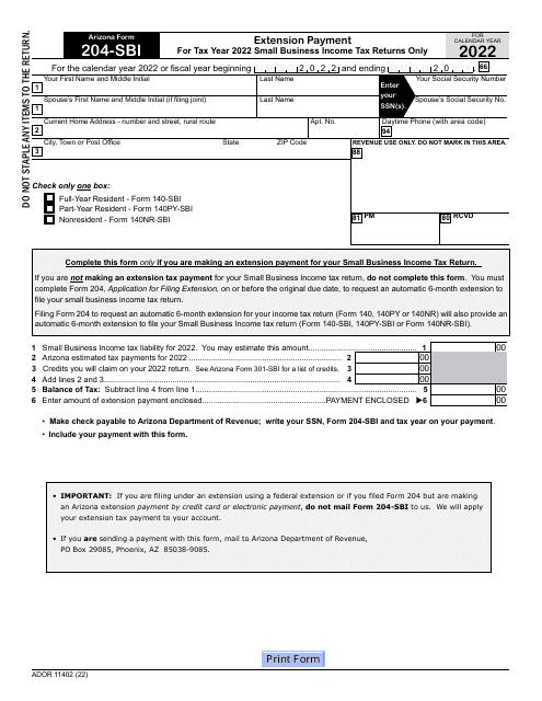 Arizona Form 204-SBI (ADOR11402) Extension Payment - Small Business Income Tax Returns Only - Arizona, 2022