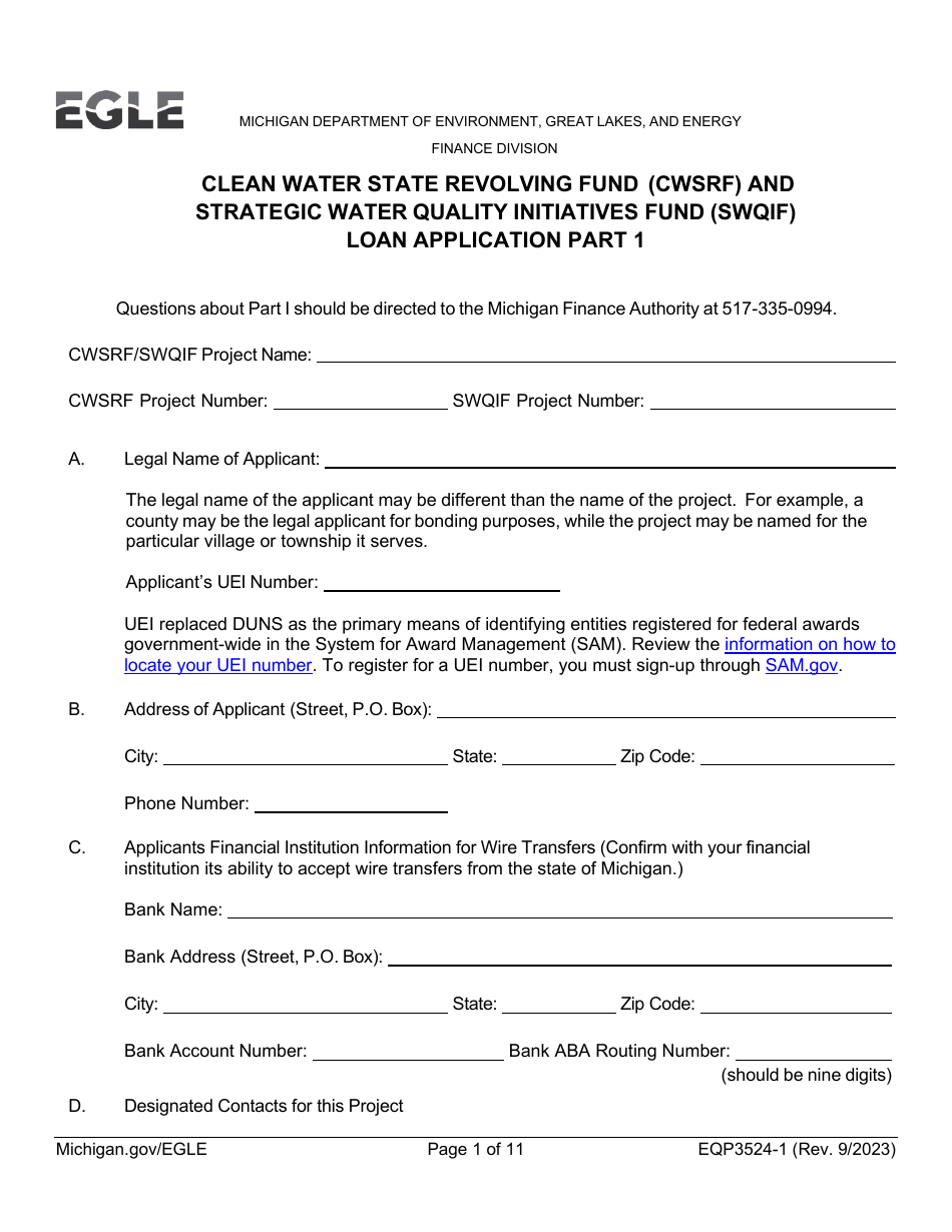 Form EQP3524-1 Part 1 Clean Water State Revolving Fund (Cwsrf)  Strategic Water Quality Initiatives Fund (Swqif) Loan Application for Financial Assistance for Municipal Applicants - Michigan, Page 1