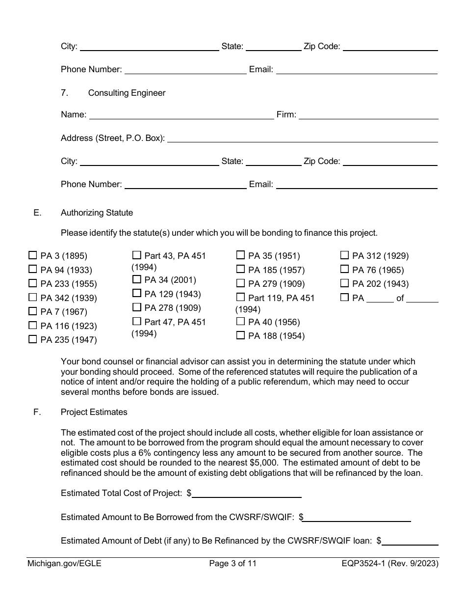 Form EQP3524-1 Part 1 Clean Water State Revolving Fund (Cwsrf)  Strategic Water Quality Initiatives Fund (Swqif) Loan Application for Financial Assistance for Municipal Applicants - Michigan, Page 3