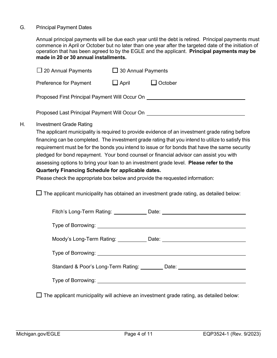 Form EQP3524-1 Part 1 Clean Water State Revolving Fund (Cwsrf)  Strategic Water Quality Initiatives Fund (Swqif) Loan Application for Financial Assistance for Municipal Applicants - Michigan, Page 4
