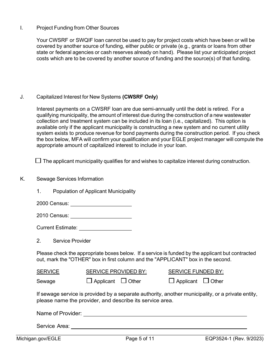 Form EQP3524-1 Part 1 Clean Water State Revolving Fund (Cwsrf)  Strategic Water Quality Initiatives Fund (Swqif) Loan Application for Financial Assistance for Municipal Applicants - Michigan, Page 5