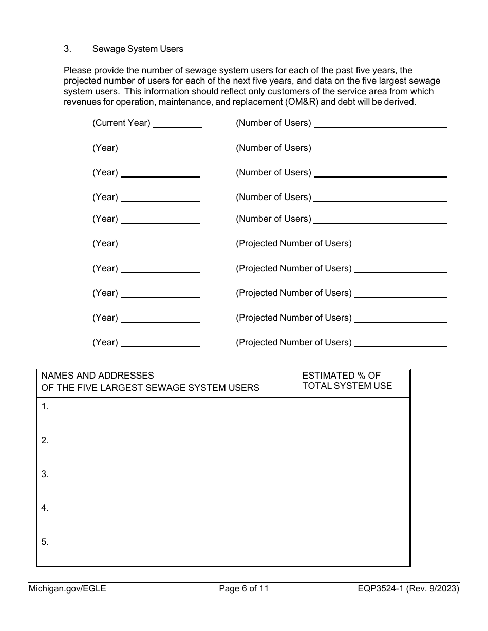 Form EQP3524-1 Part 1 Clean Water State Revolving Fund (Cwsrf)  Strategic Water Quality Initiatives Fund (Swqif) Loan Application for Financial Assistance for Municipal Applicants - Michigan, Page 6