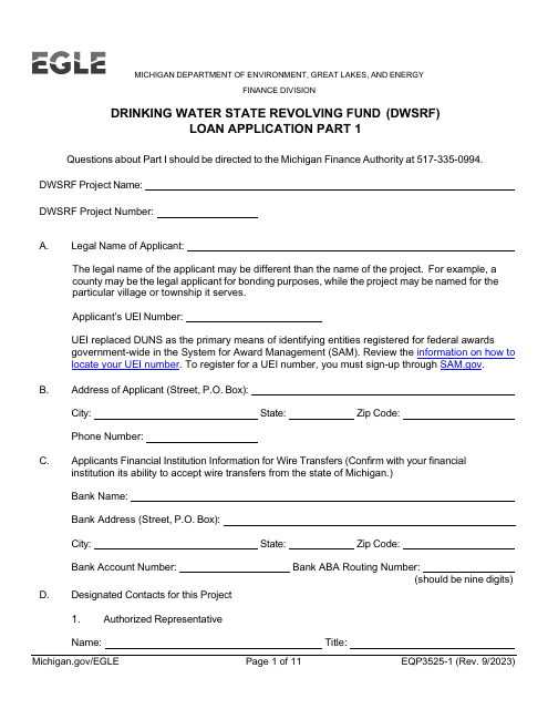 Form EQP3525-1 Part 1 Drinking Water State Revolving Fund (Dwsrf) Loan Application - Michigan