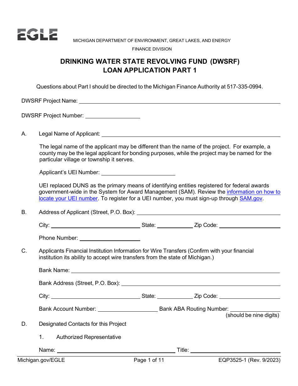 Form EQP3525-1 Part 1 Drinking Water State Revolving Fund (Dwsrf) Loan Application - Michigan, Page 1