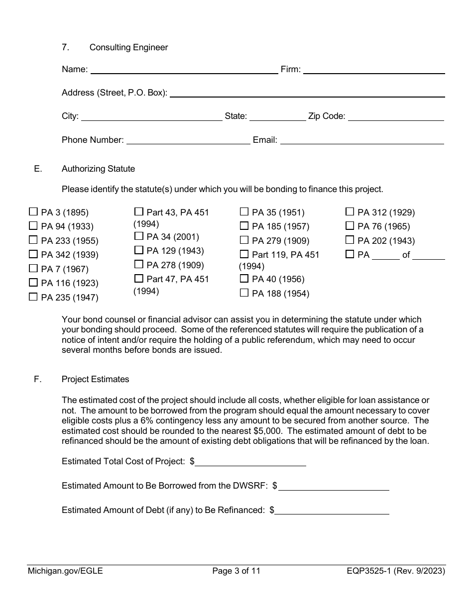Form EQP3525-1 Part 1 Drinking Water State Revolving Fund (Dwsrf) Loan Application - Michigan, Page 3