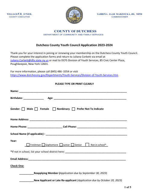 Youth Council Application - County of Dutchess, New York Download Pdf