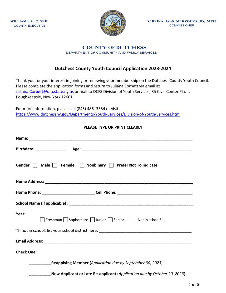 2024 County of Dutchess, New York Youth Council Application Fill Out