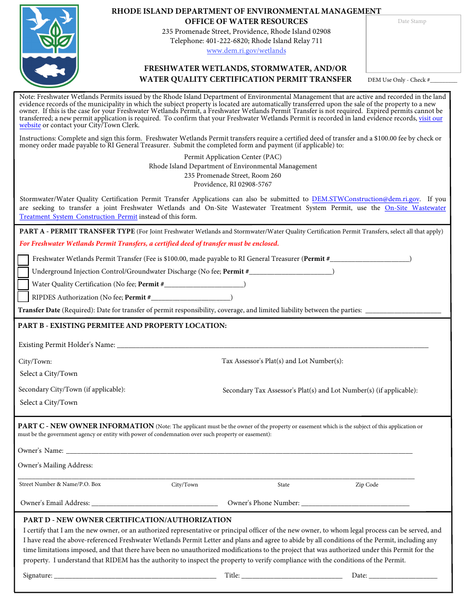 Freshwater Wetlands, Stormwater, and / or Water Quality Certification Permit Transfer - Rhode Island, Page 1