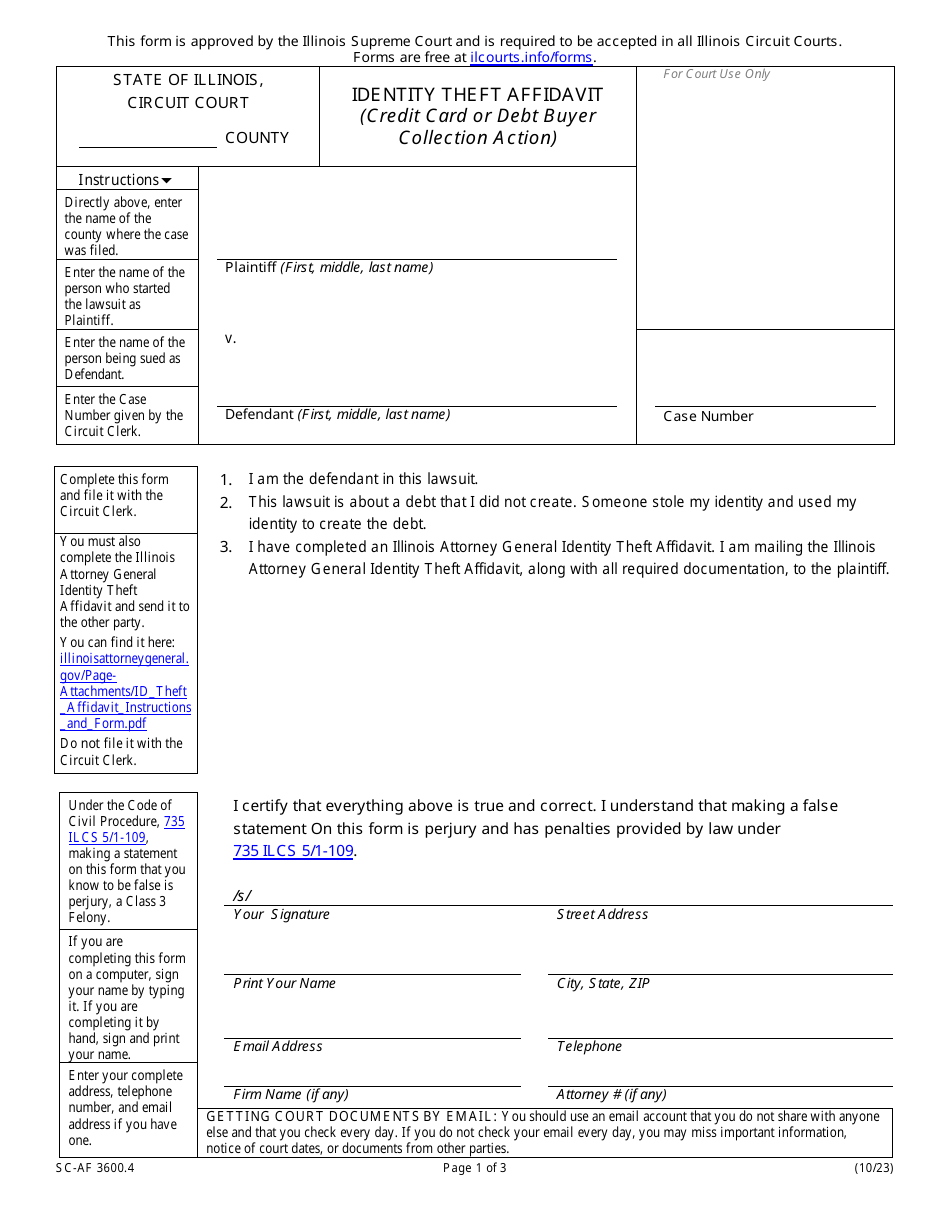 Form SC-AF3600.4 Identity Theft Affidavit (Credit Card or Debt Buyer Collection Action) - Illinois, Page 1