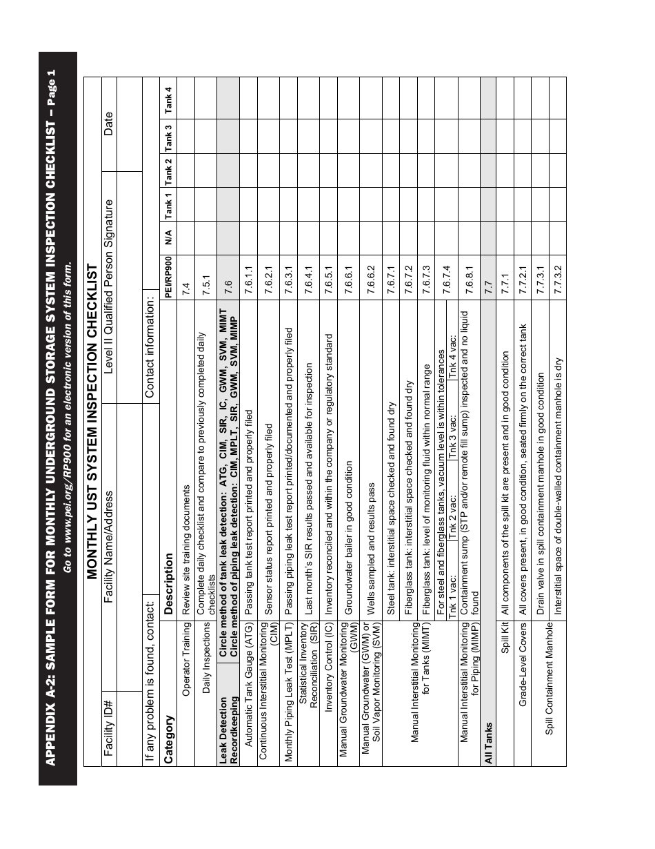 Appendix A-2 Sample Form for Monthly Underground Storage System Inspection Checklist - Alaska, Page 1