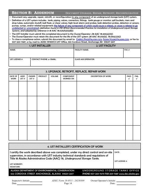 ADEC Form 18-0511 Section 8 Addendum - Document Upgrade, Repair, Retrofit, Reconfiguration - Alaska