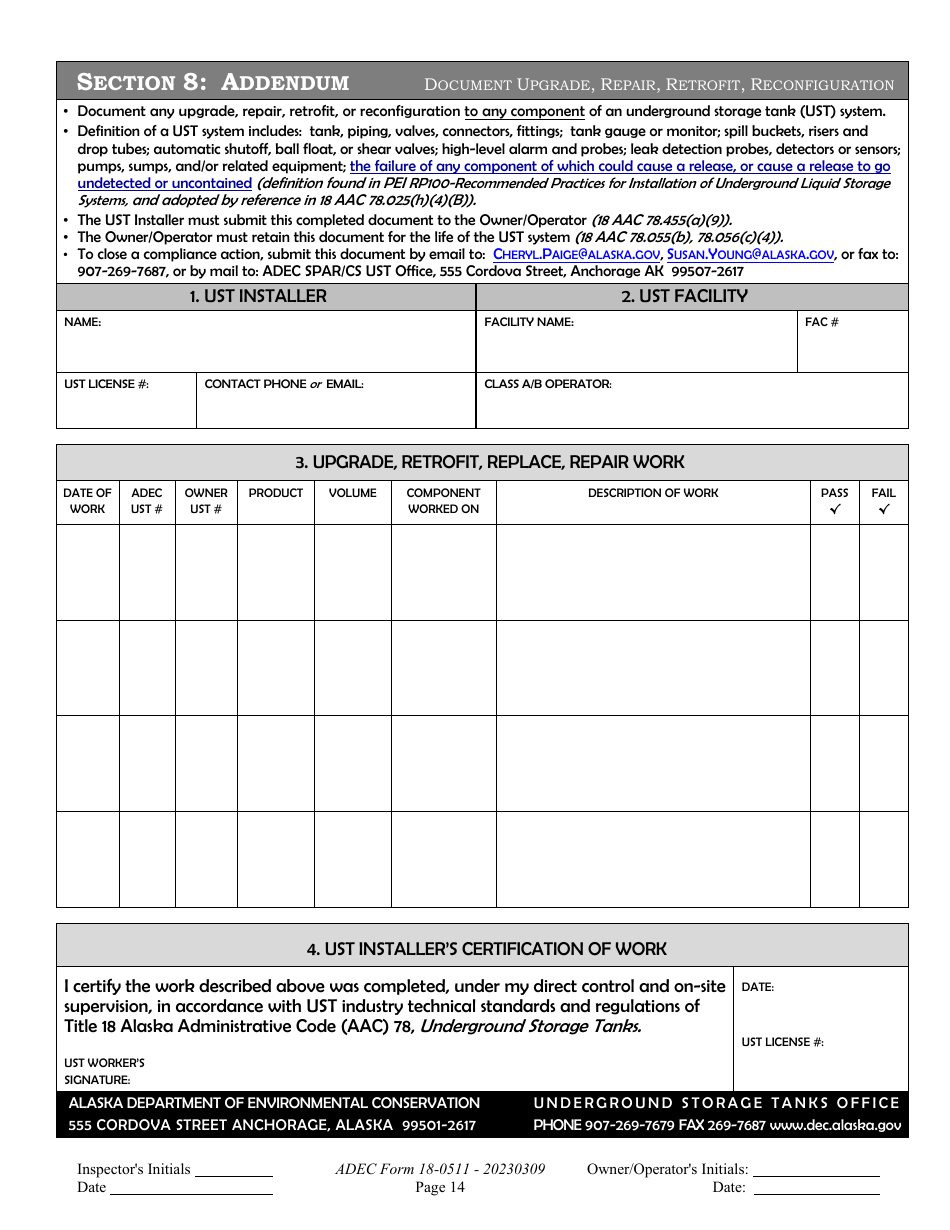 ADEC Form 18-0511 Section 8 Addendum - Document Upgrade, Repair, Retrofit, Reconfiguration - Alaska, Page 1