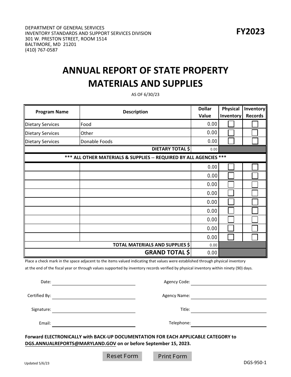 Form DGS-950-1 Annual Report of State Property Materials and Supplies - Maryland, Page 1