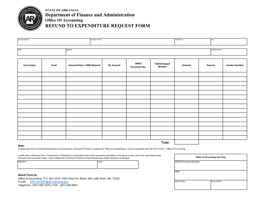 Refund to Expenditure Request Form - Arkansas, Page 1