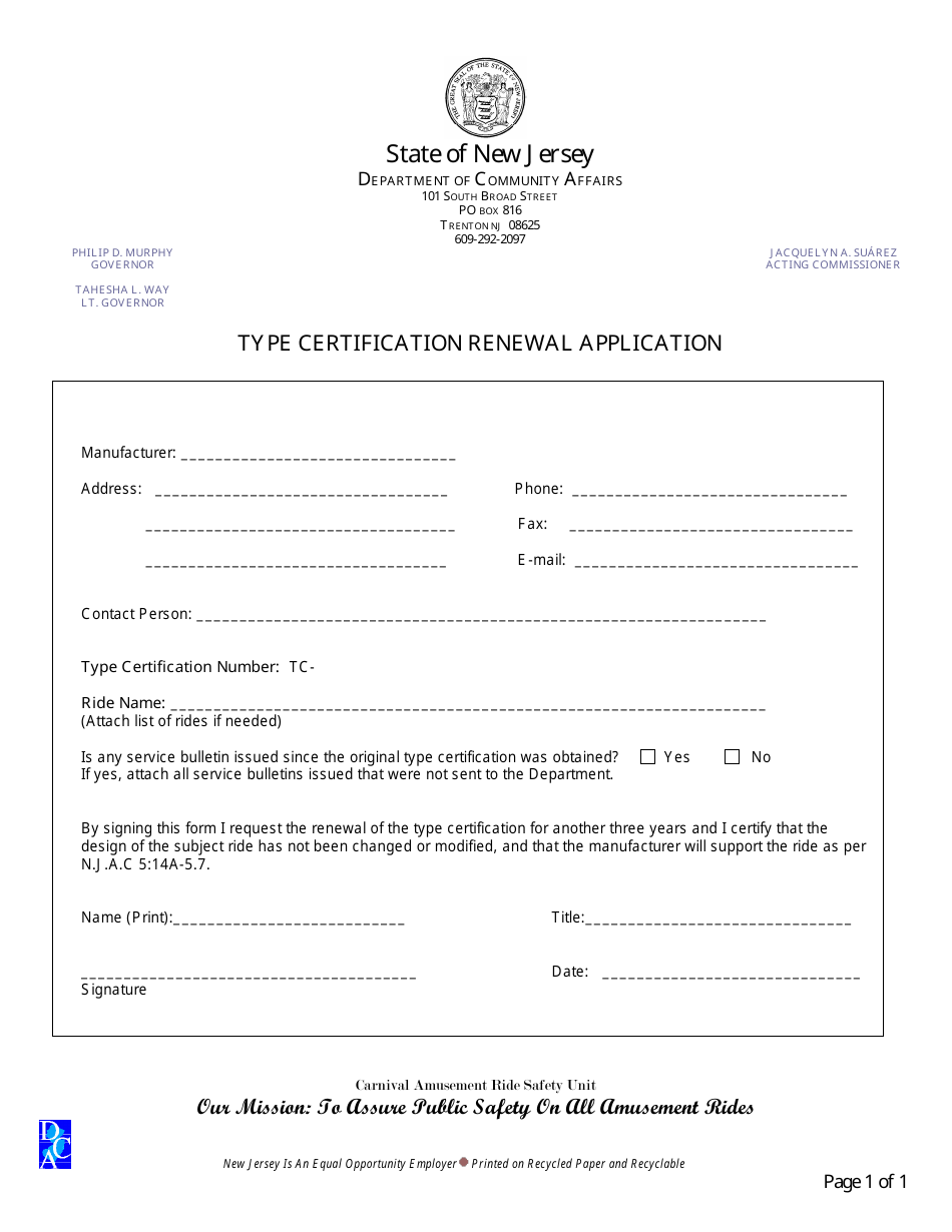 Type Certification Renewal Application - New Jersey, Page 1