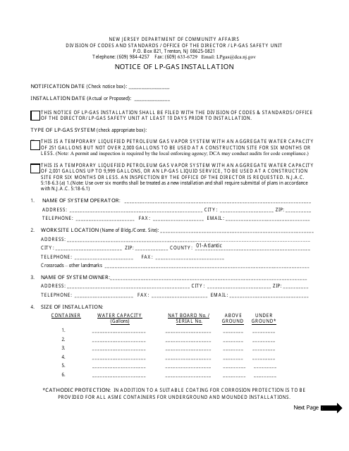 Notice of Lp-Gas Installation - New Jersey Download Pdf