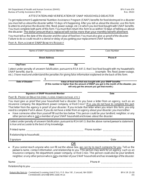 BFA Form 474 Attestation and Verification of Snap Household Disaster - New Hampshire