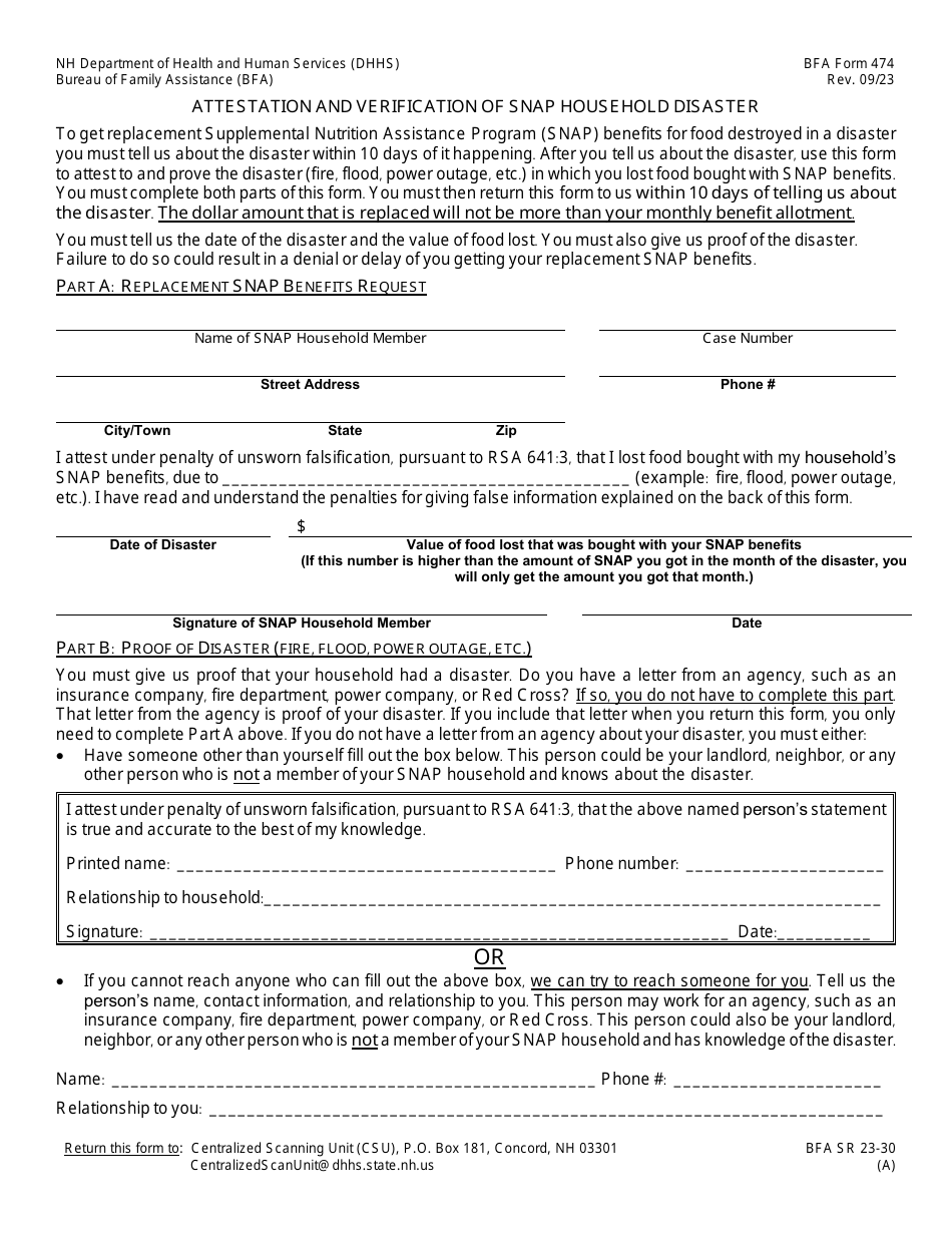BFA Form 474 Attestation and Verification of Snap Household Disaster - New Hampshire, Page 1