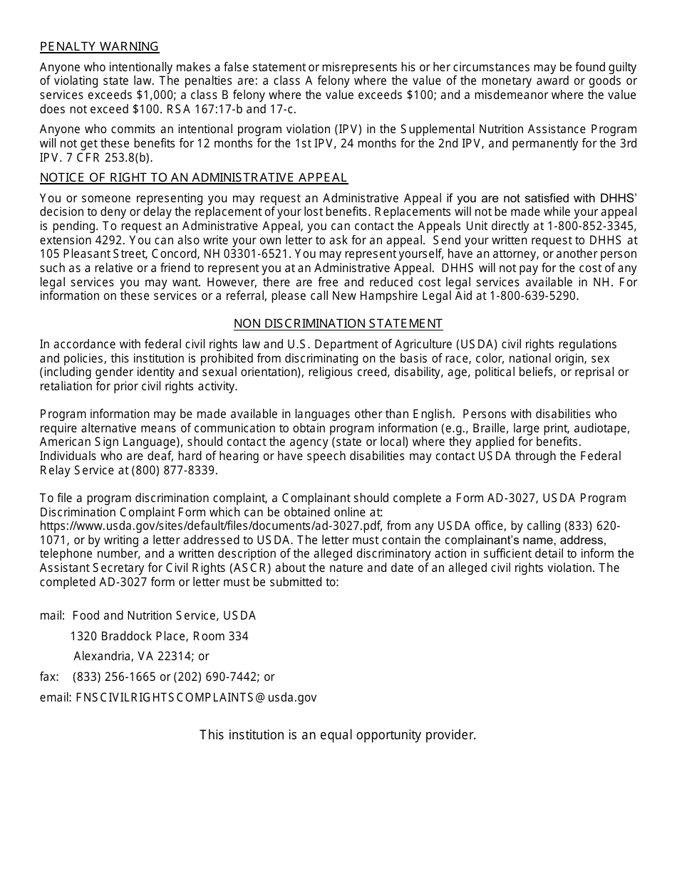 BFA Form 474 Attestation and Verification of Snap Household Disaster - New Hampshire, Page 2