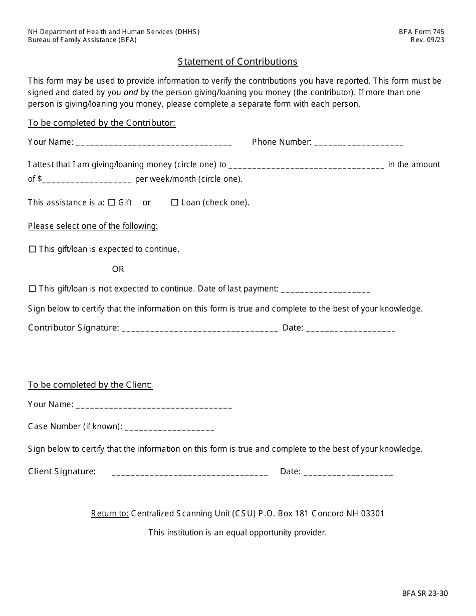 BFA Form 745 Statement of Contributions - New Hampshire, Page 1