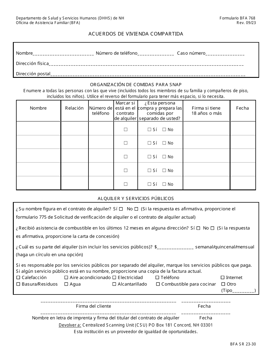 BFA Formulario 768 Acuerdos De Vivienda Compartida - New Hampshire (Spanish), Page 1