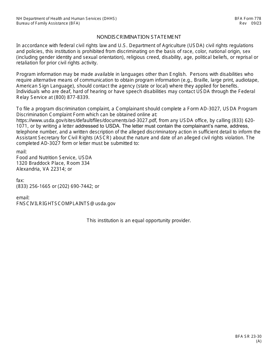 BFA Form 778 Authorized Representative Declaration - New Hampshire, Page 3