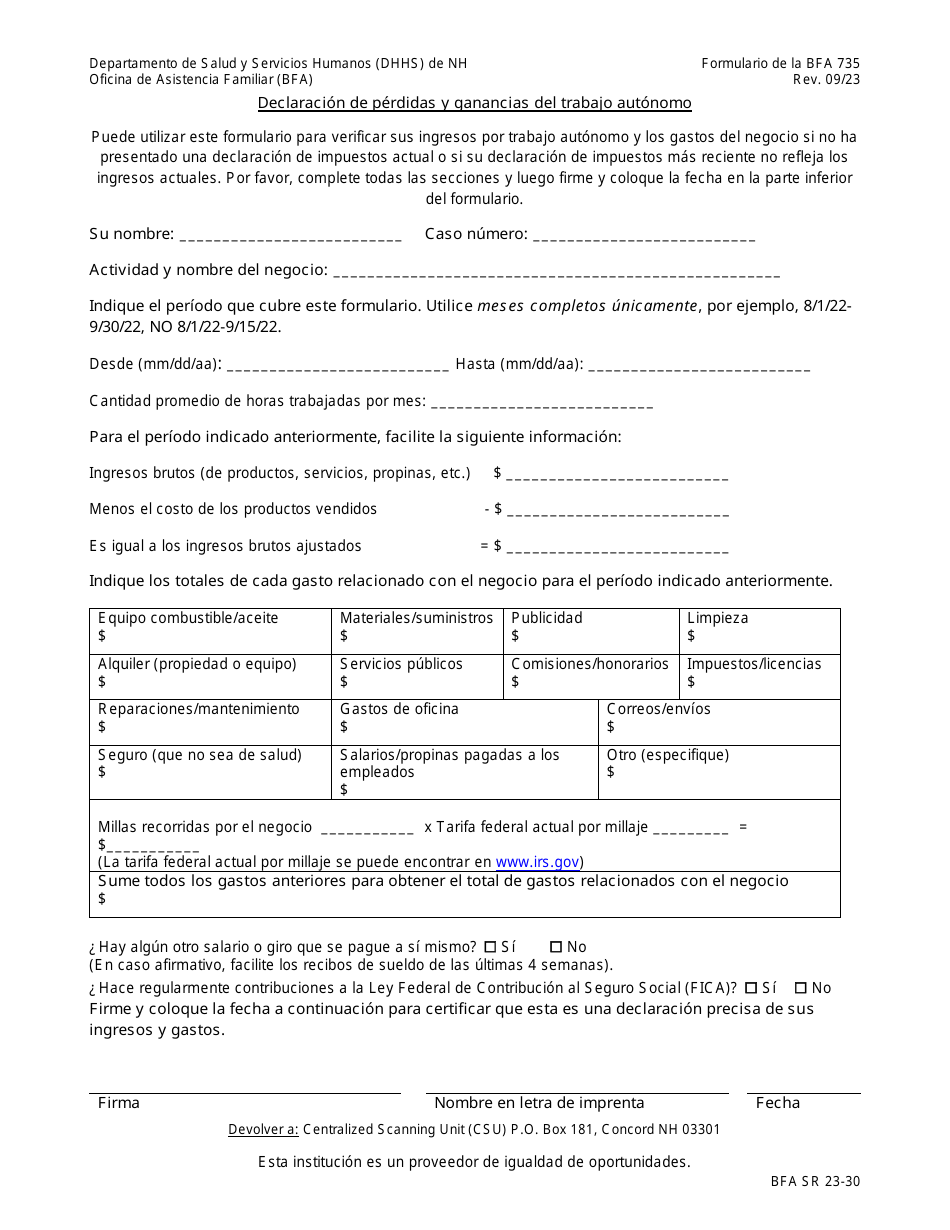 BFA Formulario 735 Declaracion De Perdidas Y Ganancias Del Trabajo Autonomo - New Hampshire (Spanish), Page 1