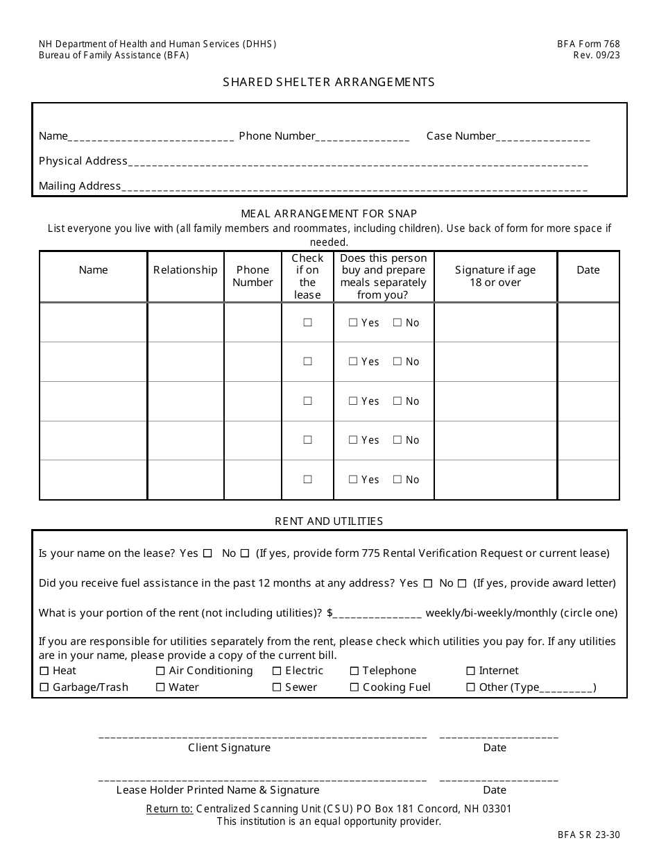 BFA Form 768 Shared Shelter Arrangements - New Hampshire, Page 1