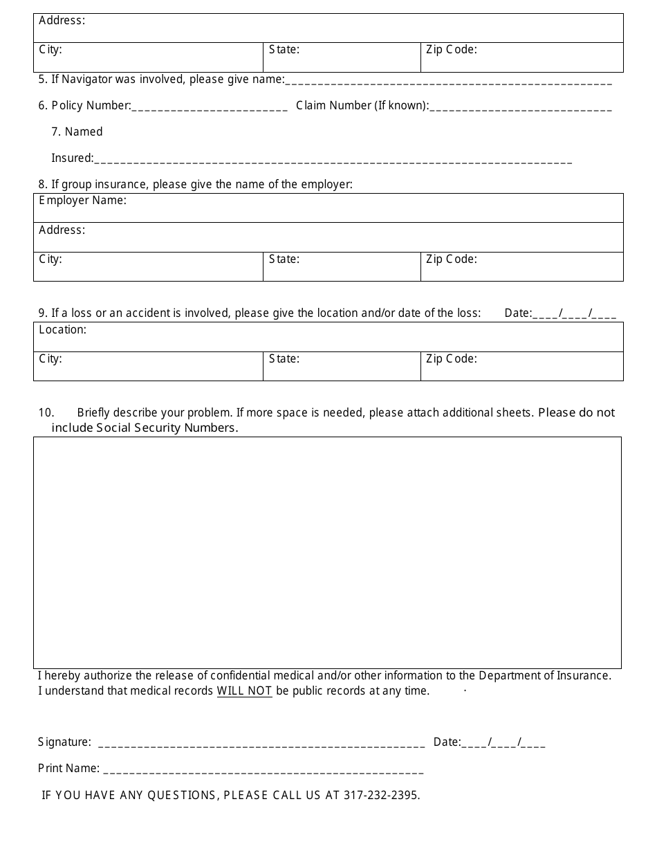 Insurance Complaint Form - Indiana, Page 3