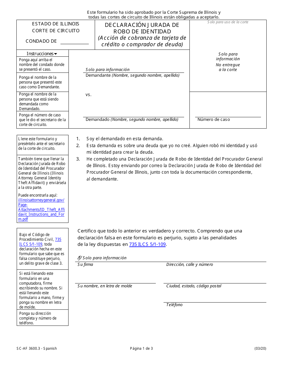 Formulario SC-AF3600.3 Declaracion Jurada De Robo De Identidad - Illinois (Spanish), Page 1