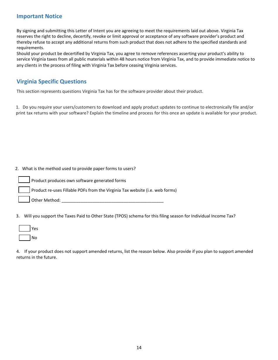 Tax Software Provider Letter of Intent - Virginia, Page 14