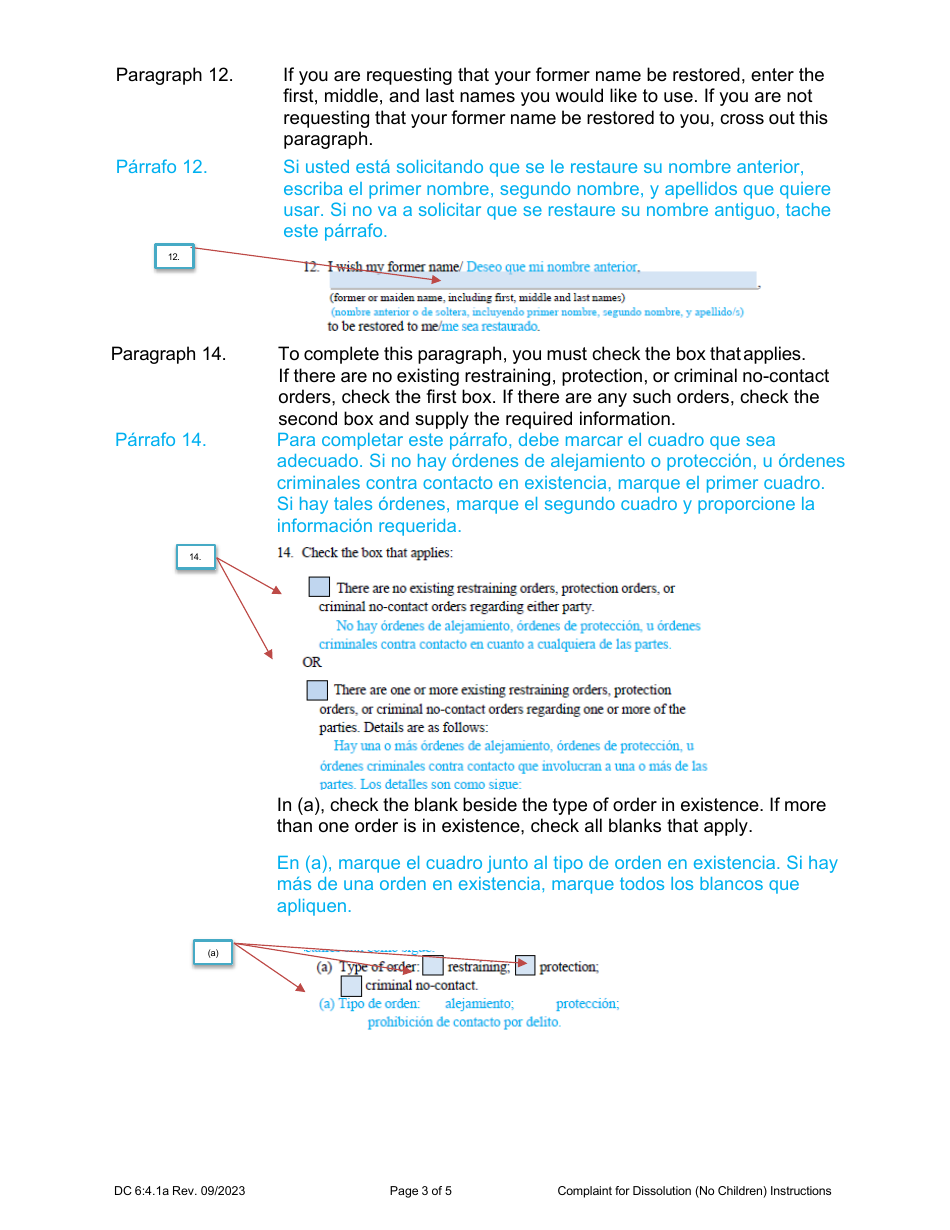 Instructions for Form DC6:4.1 Complaint for Dissolution of Marriage Without Children - Nebraska (English / Spanish), Page 3