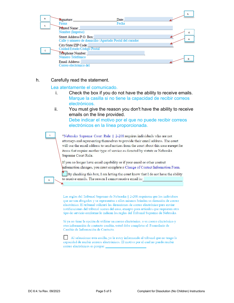 Instructions for Form DC6:4.1 Complaint for Dissolution of Marriage Without Children - Nebraska (English / Spanish), Page 5