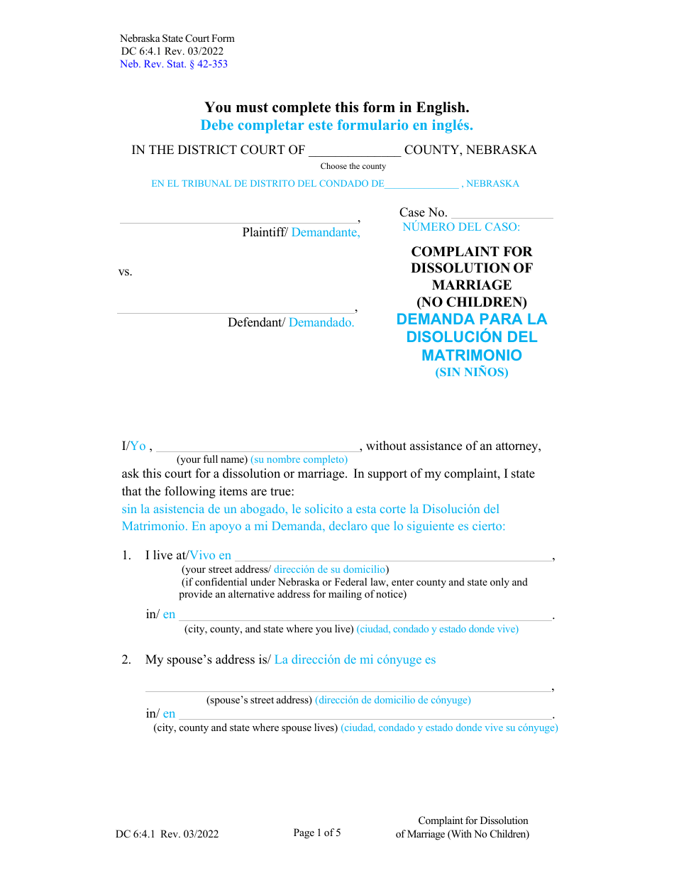 Form DC6:4.1 Complaint for Dissolution of Marriage Without Children - Nebraska (English / Spanish), Page 1