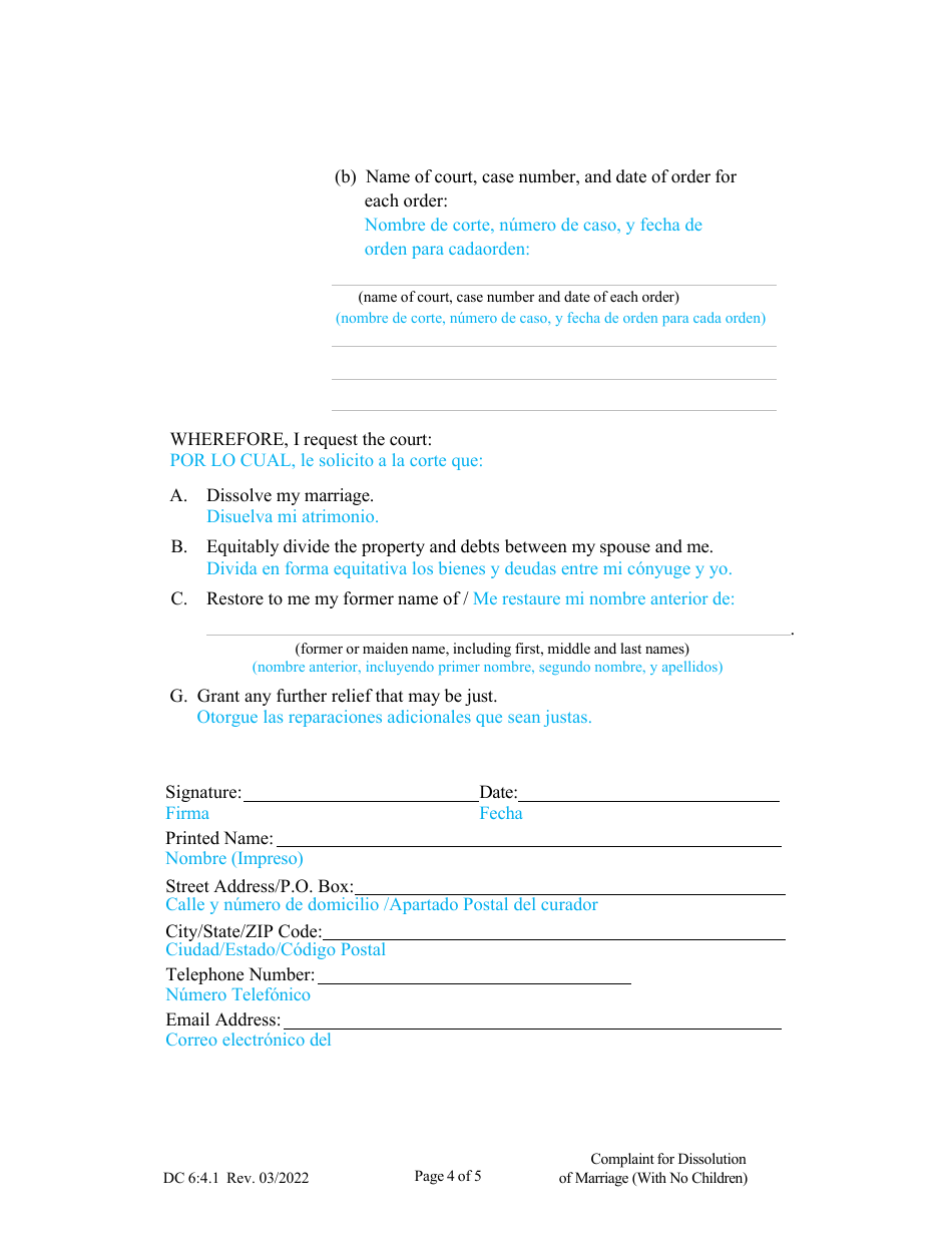 Form DC6:4.1 Complaint for Dissolution of Marriage Without Children - Nebraska (English / Spanish), Page 4