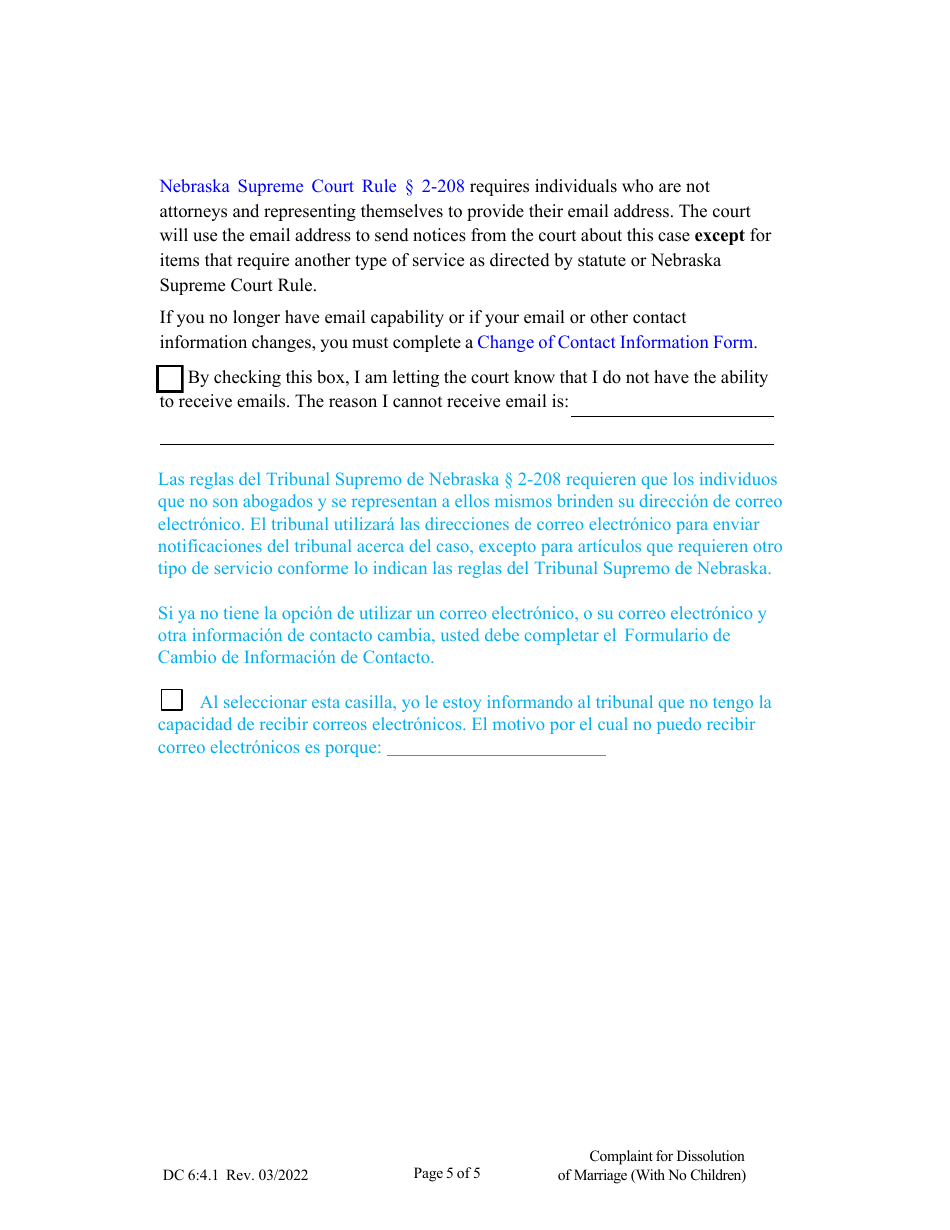 Form DC6:4.1 Complaint for Dissolution of Marriage Without Children - Nebraska (English / Spanish), Page 5
