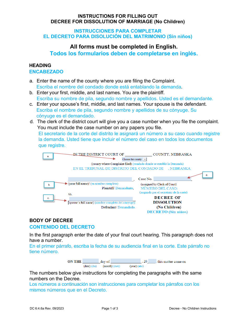 Instructions for Form DC6:4.6 Decree of Dissolution - No Children - Nebraska (English / Spanish), Page 1