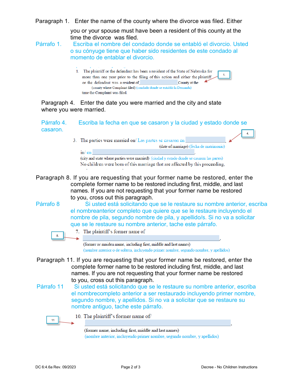 Instructions for Form DC6:4.6 Decree of Dissolution - No Children - Nebraska (English / Spanish), Page 2