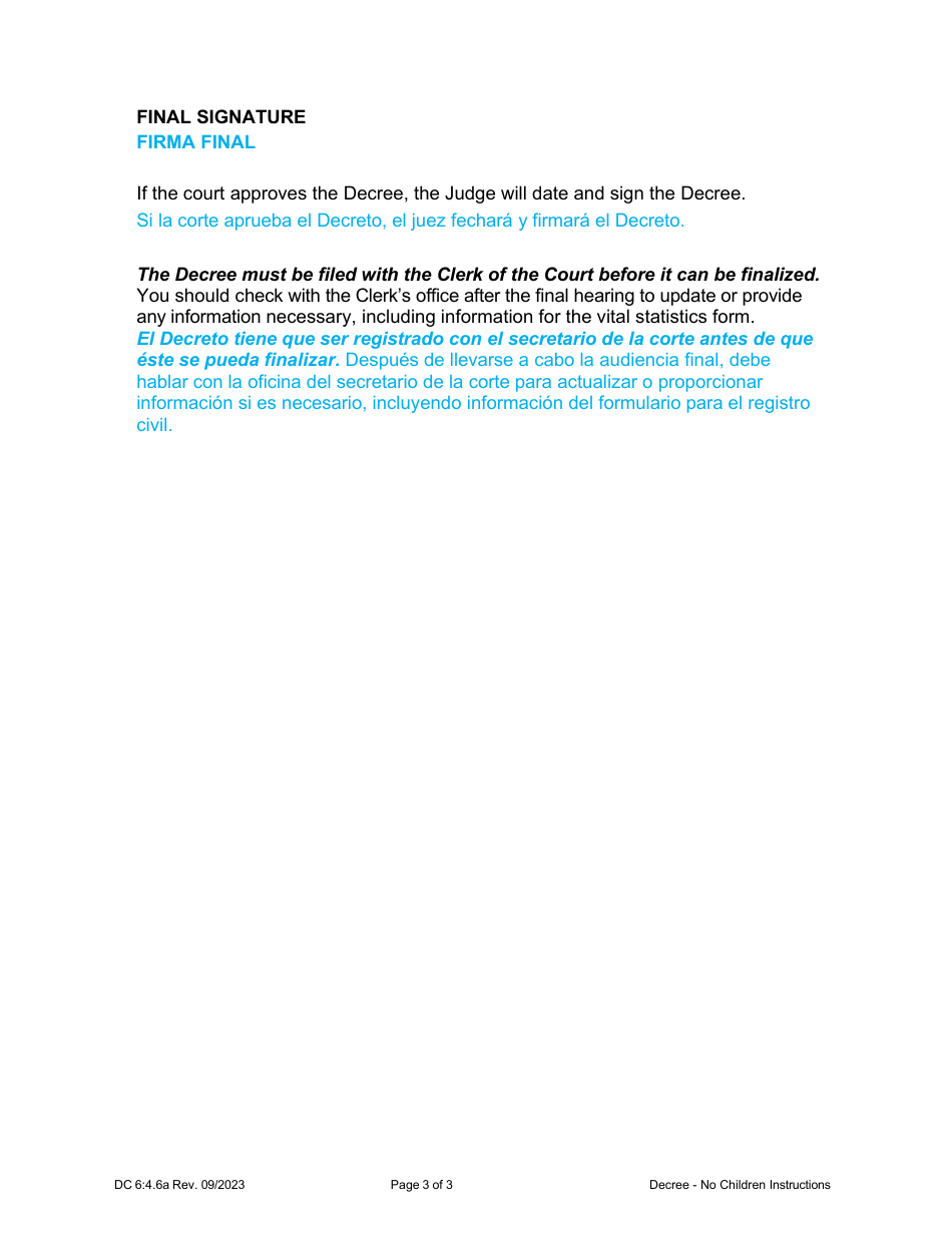 Instructions for Form DC6:4.6 Decree of Dissolution - No Children - Nebraska (English / Spanish), Page 3