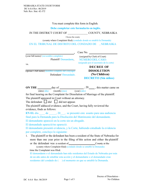 Form DC6:4.6 Decree of Dissolution - No Children - Nebraska (English/Spanish)