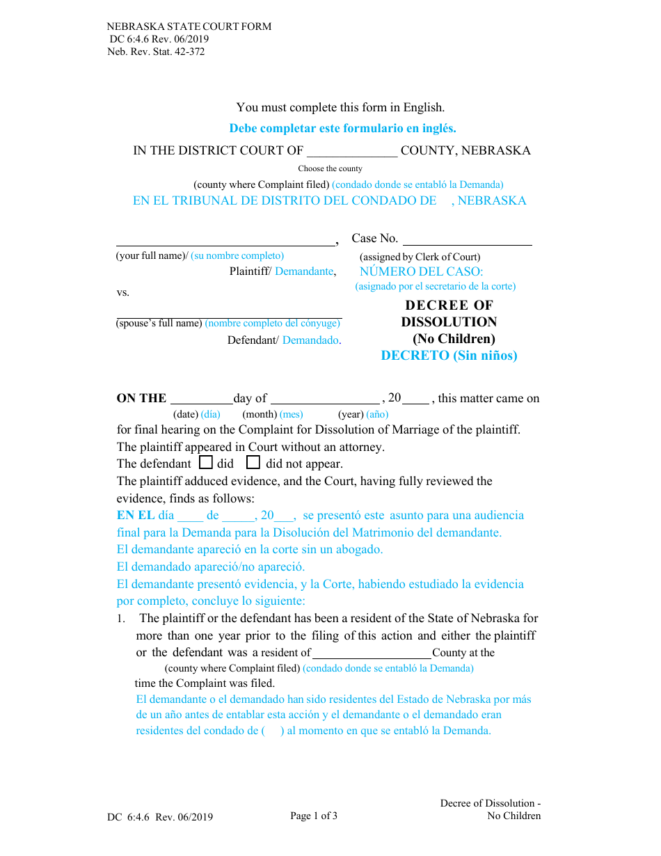 Form DC6:4.6 Decree of Dissolution - No Children - Nebraska (English / Spanish), Page 1