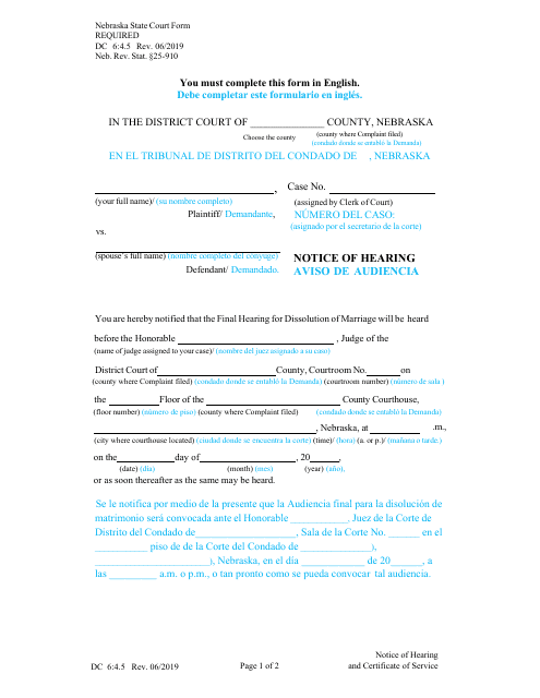 Form DC6:4.5 Notice of Hearing and Certificate of Service - Nebraska (English/Spanish)