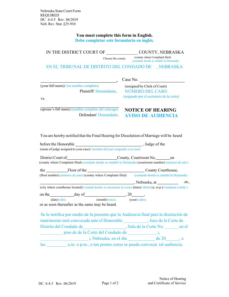 Form DC6:4.5 Notice of Hearing and Certificate of Service - Nebraska (English / Spanish), Page 1