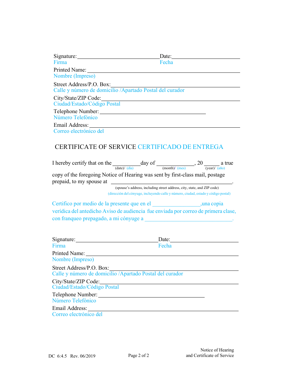 Form DC6:4.5 Notice of Hearing and Certificate of Service - Nebraska (English / Spanish), Page 2