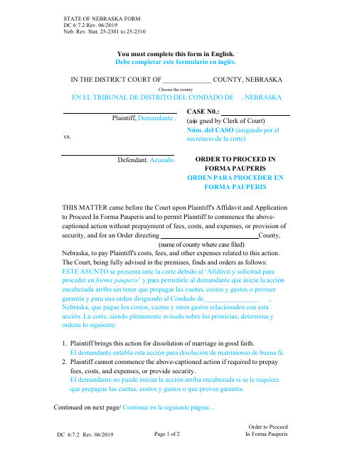 Form DC6:7.2 Order to Proceed in Forma Pauperis - Nebraska (English/Spanish)