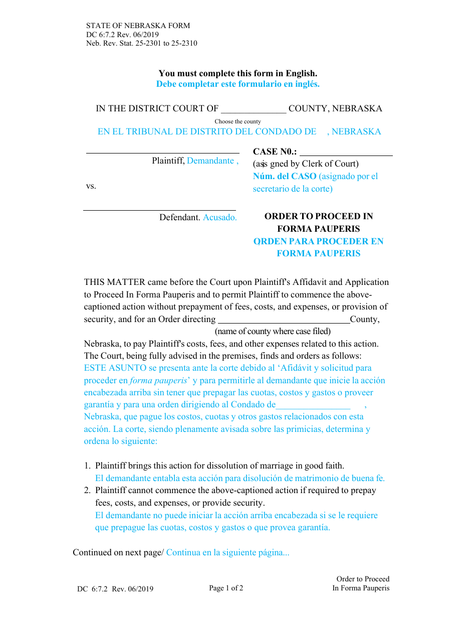Form DC6:7.2 Order to Proceed in Forma Pauperis - Nebraska (English / Spanish), Page 1