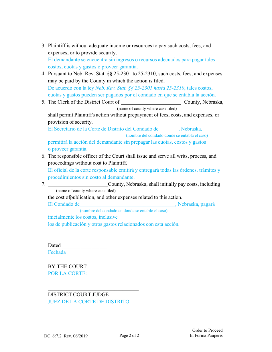 Form DC6:7.2 Order to Proceed in Forma Pauperis - Nebraska (English / Spanish), Page 2