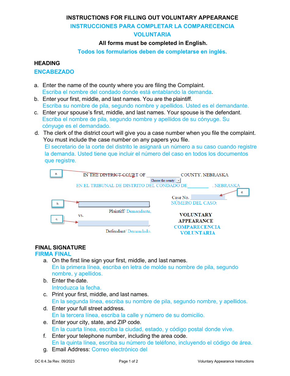 Instructions for Form DC6:4.3 Voluntary Appearance - Nebraska (English / Spanish), Page 1