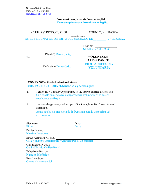 Form DC6:4.3 Voluntary Appearance - Nebraska (English/Spanish)